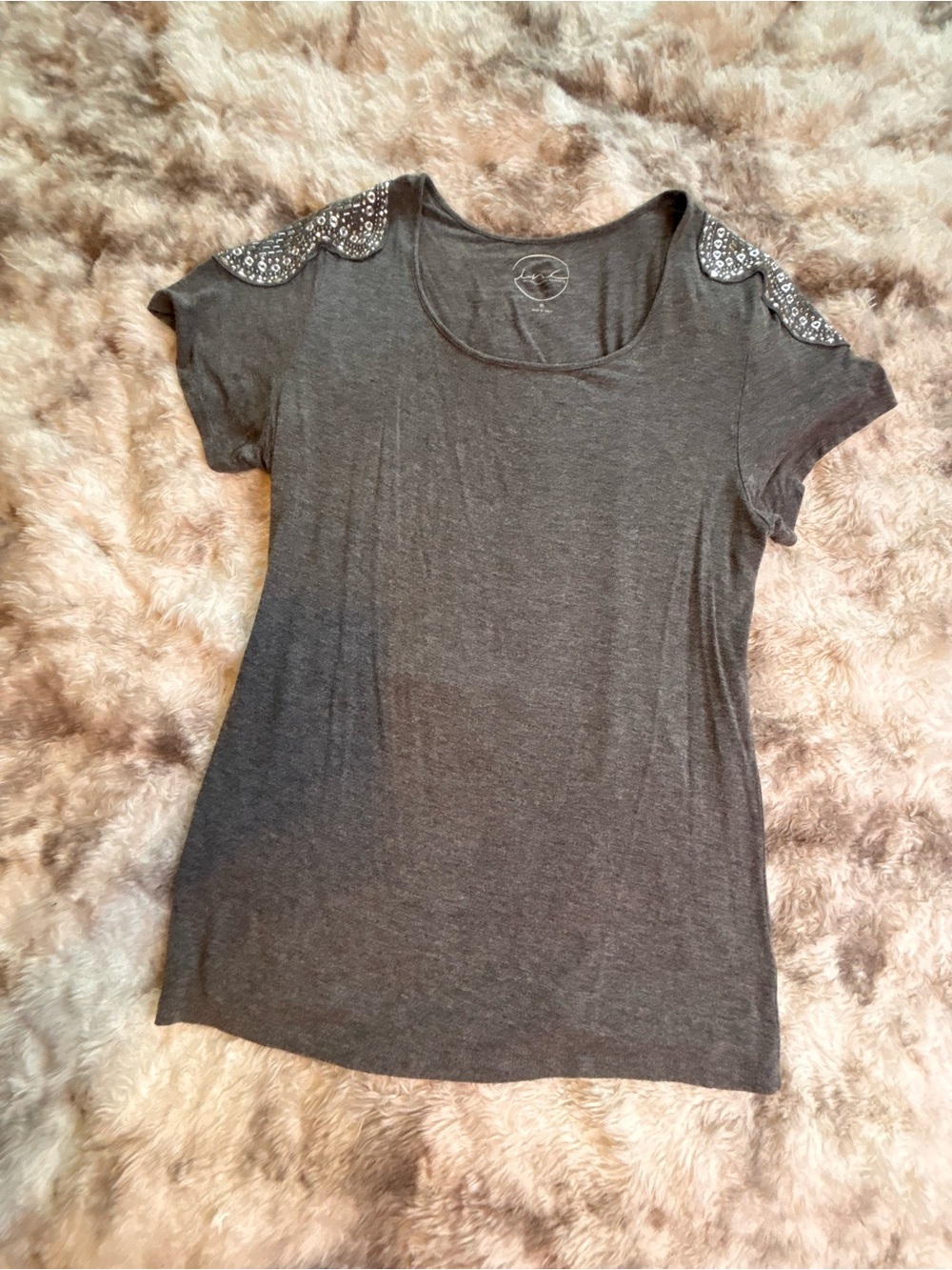 INC International Concepts Dark Gray Short Sleeve Tee with Embellished Shoulders